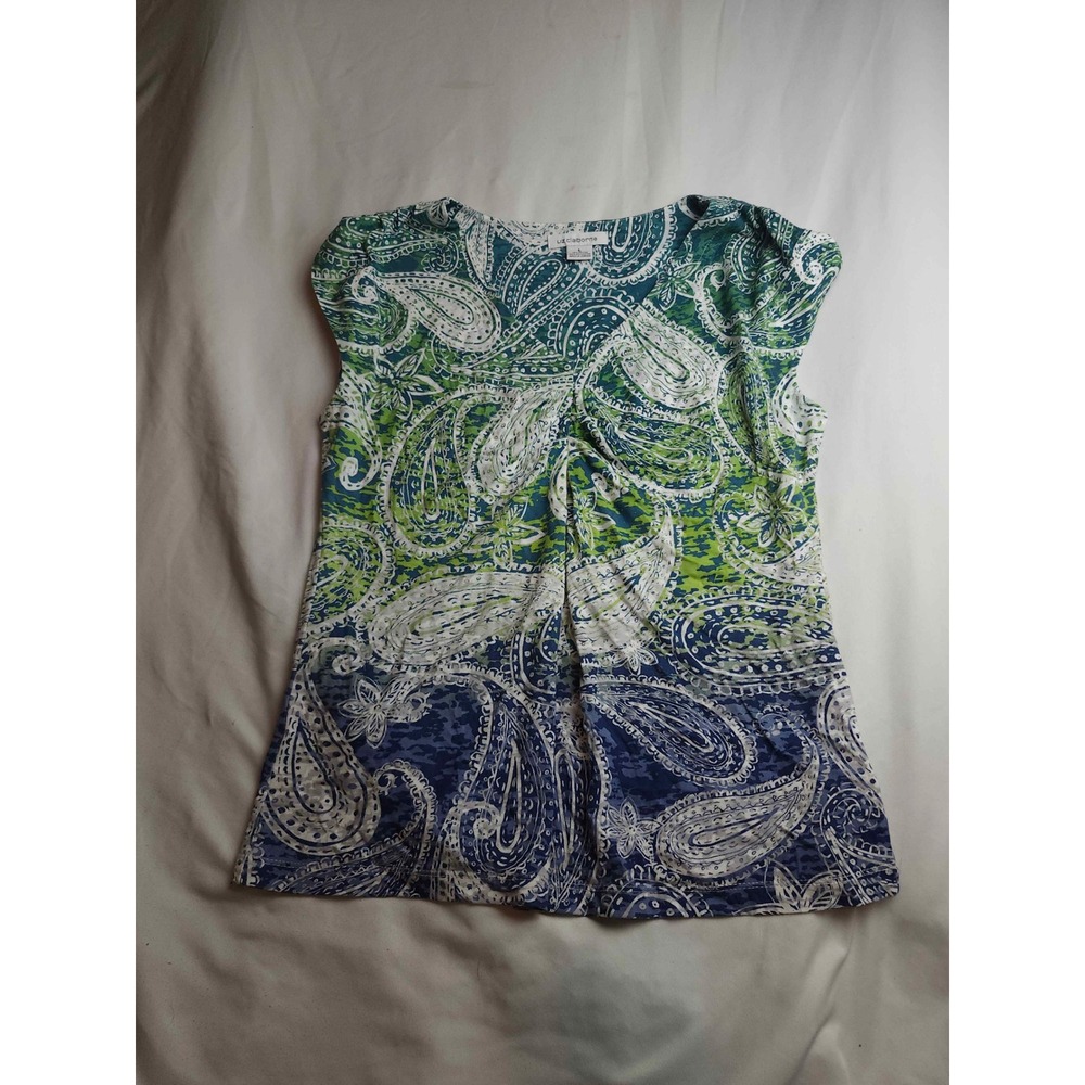 Liz Claiborne Womens Paisley Cap Sleeve Pleated Neck Blouse Green Size L